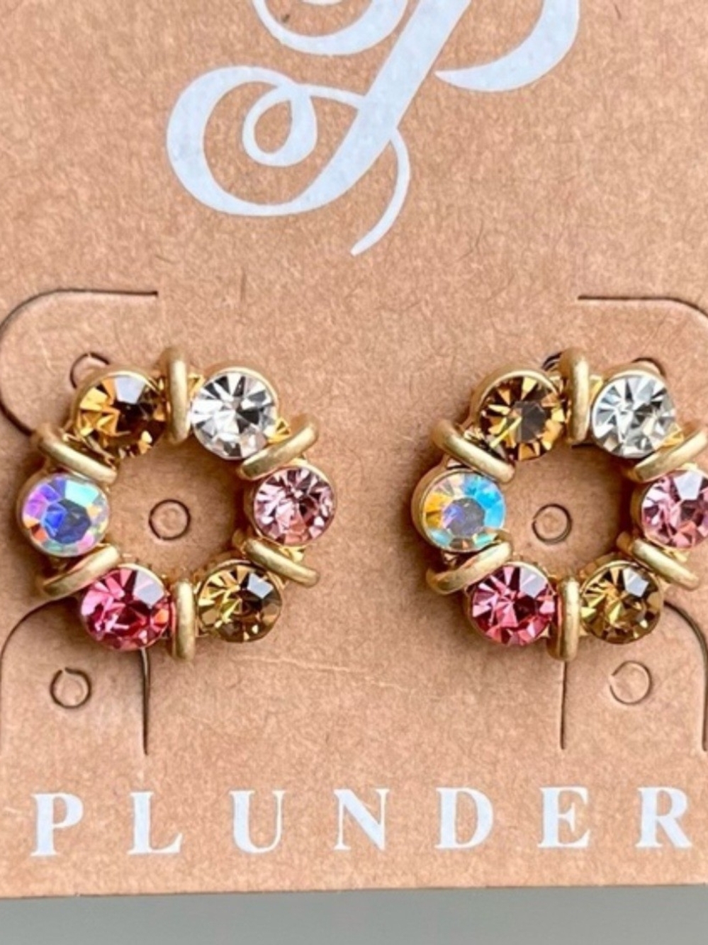 Plunder Gold-Tone Circle Stud Earrings with Pink, Amber & Iridescent Crystals